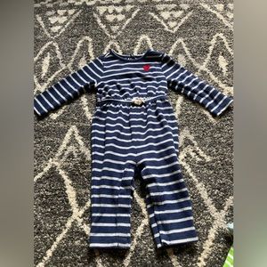 Gray and navy striped jumper with embroidered heart